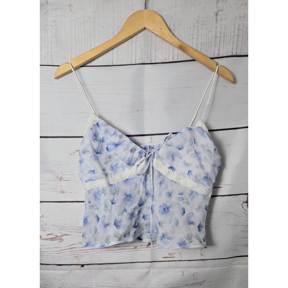 Princess Polly Womens Top Size 12 Blue Floral Crop Top Spaghetti Strap Tie Front